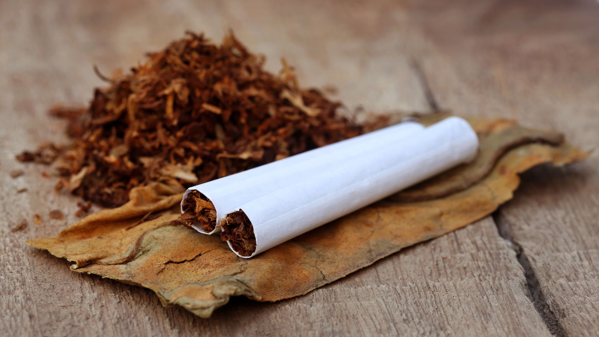 Cigarettes with loose tobacco on aged wooden surface