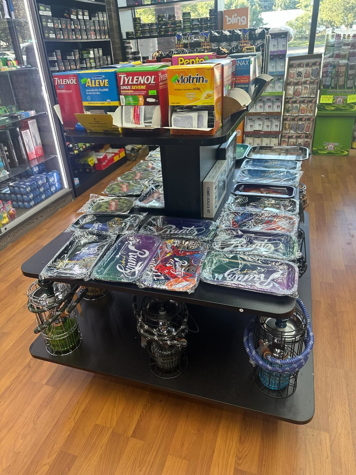 Pharmacy display with over-the-counter medications and packaged products